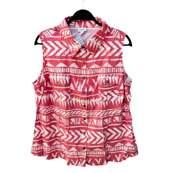 LuLaRoe Size 2XL Roxanne Pink White Sleeveless Snap Front Collared Shirt ~ NWT ~ - Picture 1 of 10